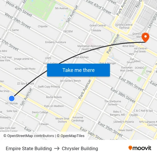 Empire State Building to Chrysler Building map