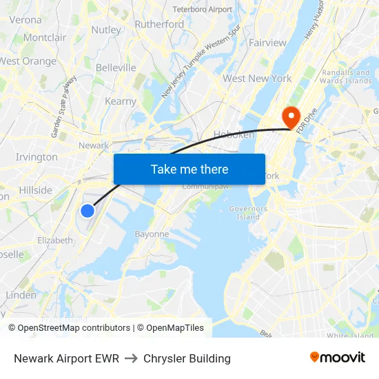 Newark Airport EWR to Chrysler Building map