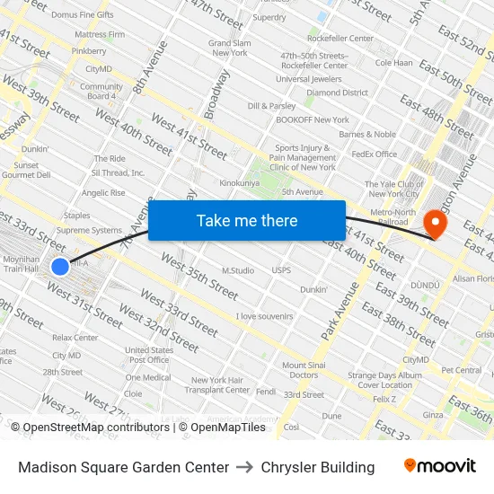 Madison Square Garden Center to Chrysler Building map