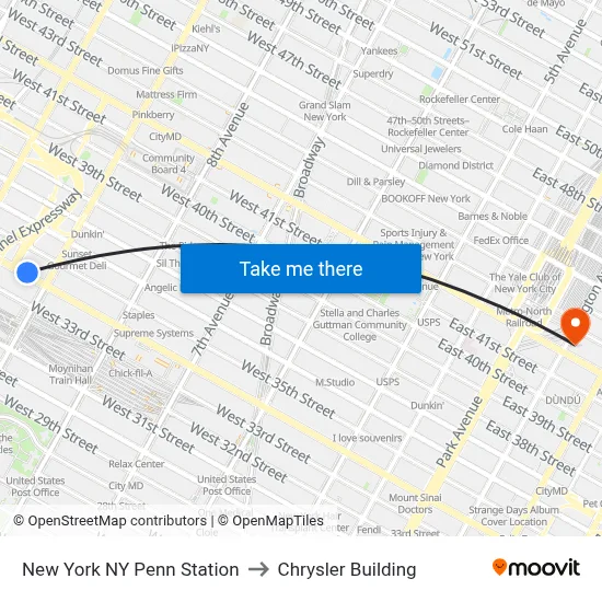 New York NY Penn Station to Chrysler Building map