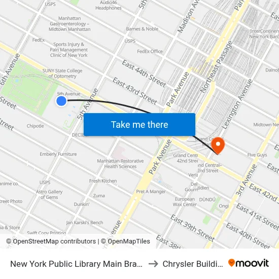 New York Public Library Main Branch to Chrysler Building map