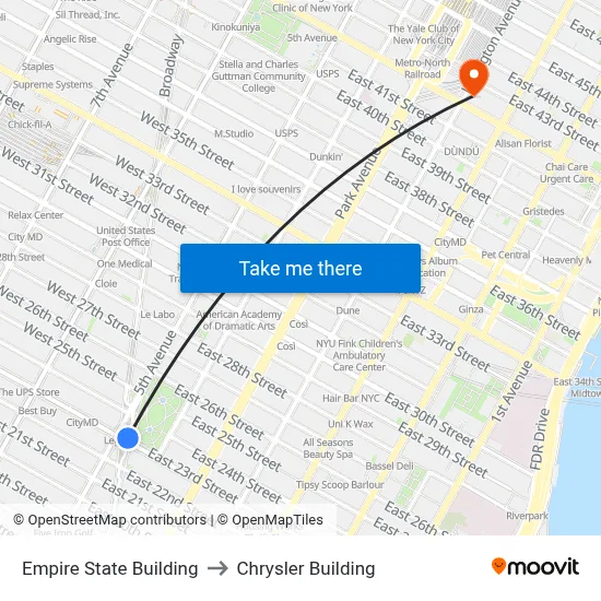 Empire State Building to Chrysler Building map