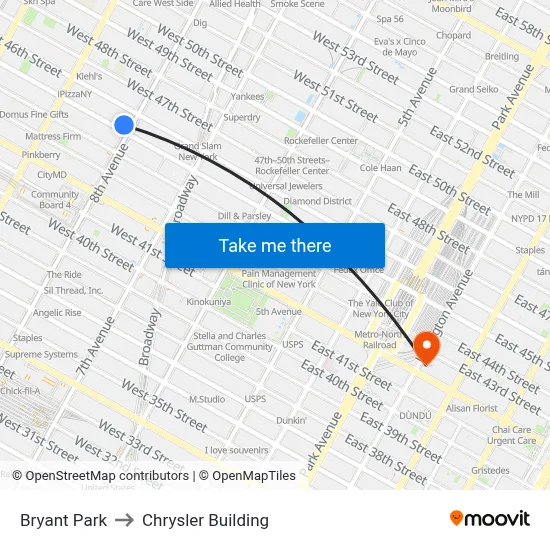 Bryant Park to Chrysler Building map