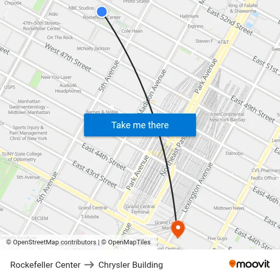 Rockefeller Center to Chrysler Building map