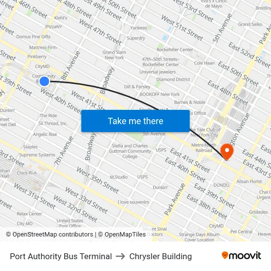 Port Authority Bus Terminal to Chrysler Building map