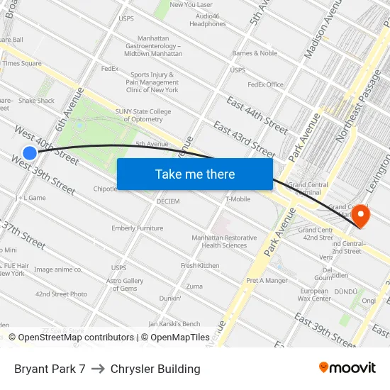 Bryant Park 7 to Chrysler Building map