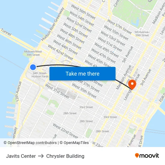 Javits Center to Chrysler Building map