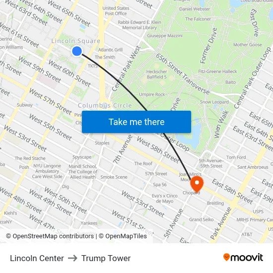 Lincoln Center to Trump Tower map