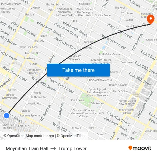 Moynihan Train Hall to Trump Tower map