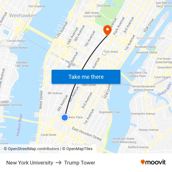 New York University to Trump Tower map