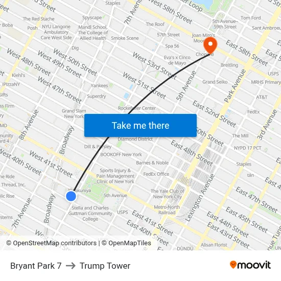 Bryant Park 7 to Trump Tower map