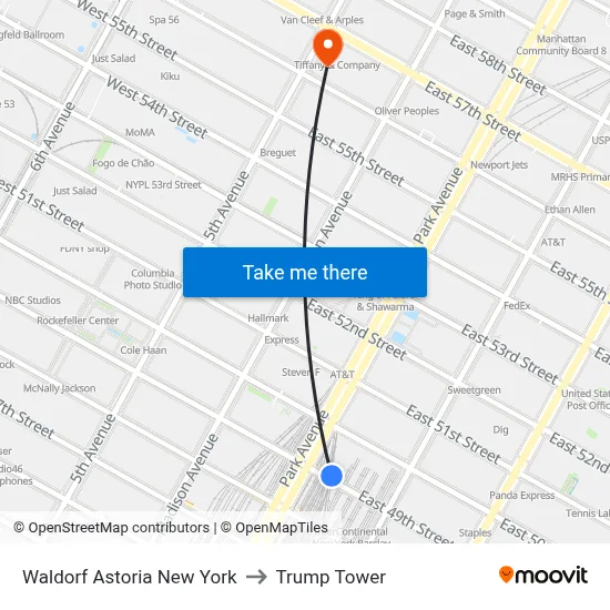 Waldorf Astoria New York to Trump Tower map