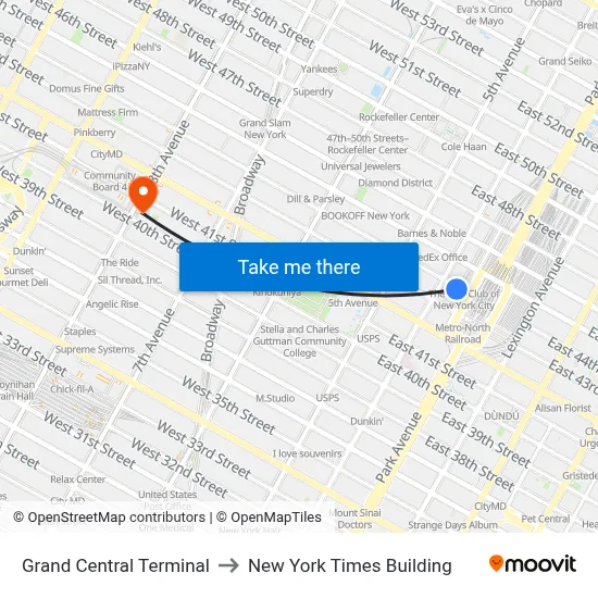 Grand Central Terminal to New York Times Building map