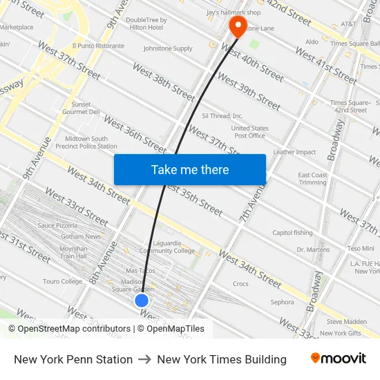 New York Penn Station to New York Times Building map