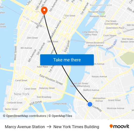 Marcy Avenue Station to New York Times Building map