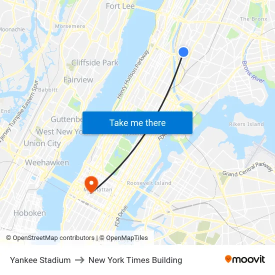 Yankee Stadium to New York Times Building map