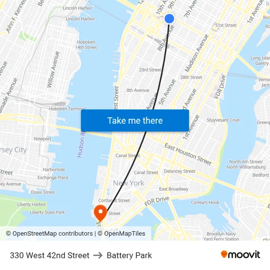 330 West 42nd Street to Battery Park map