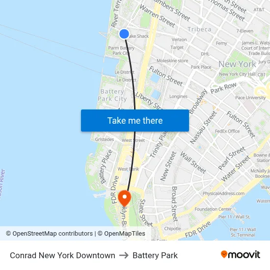 Conrad New York Downtown to Battery Park map