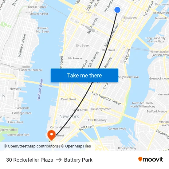 30 Rockefeller Plaza to Battery Park map