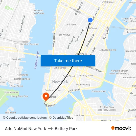 Arlo NoMad New York to Battery Park map