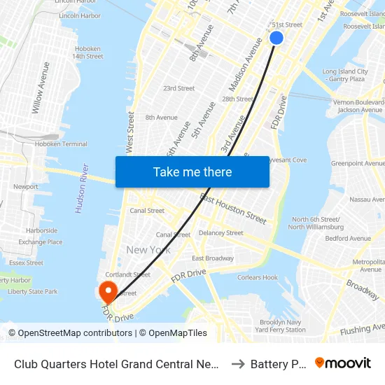 Club Quarters Hotel Grand Central New York to Battery Park map