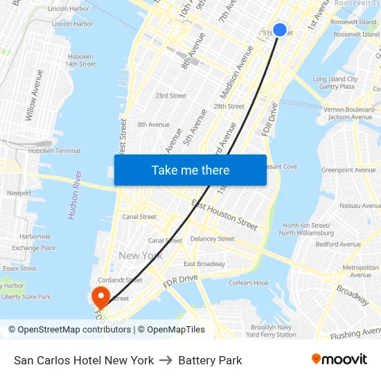 San Carlos Hotel New York to Battery Park map