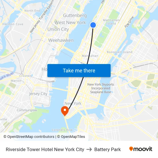 Riverside Tower Hotel New York City to Battery Park map