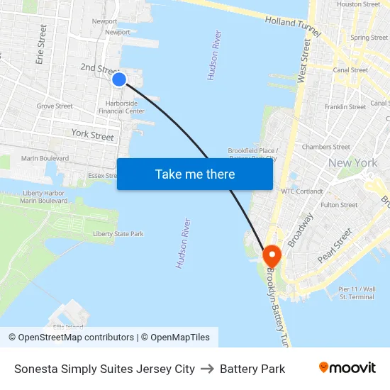 Sonesta Simply Suites Jersey City to Battery Park map