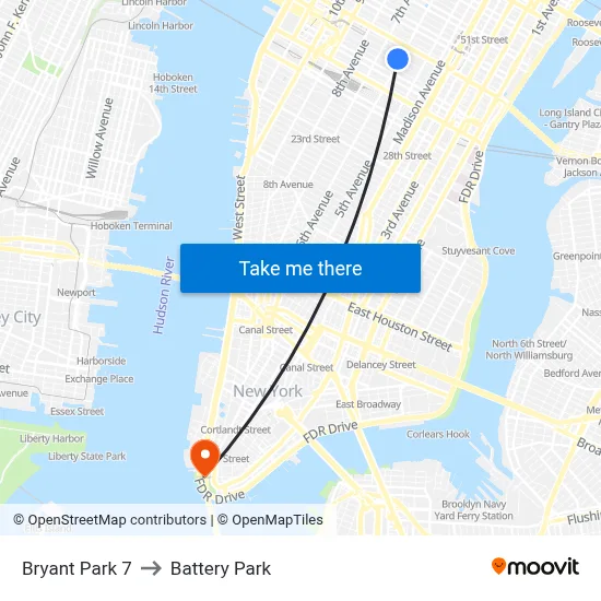 Bryant Park 7 to Battery Park map