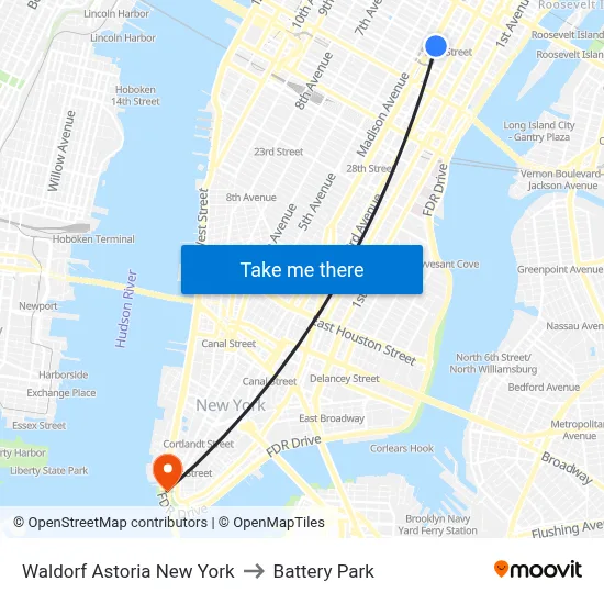 Waldorf Astoria New York to Battery Park map