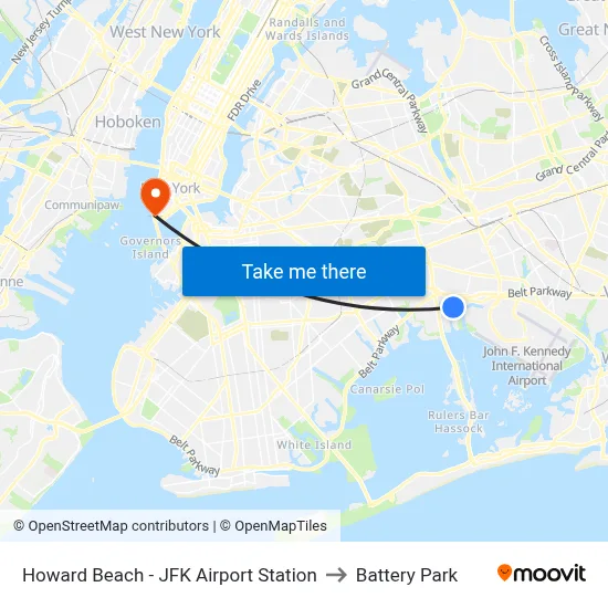 Howard Beach - JFK Airport Station to Battery Park map