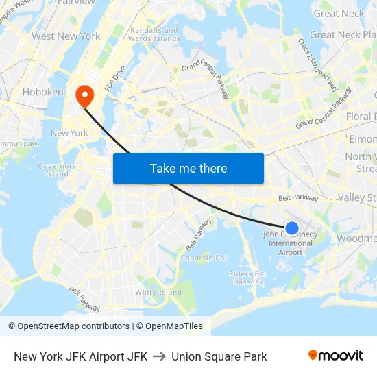 New York JFK Airport JFK to Union Square Park map