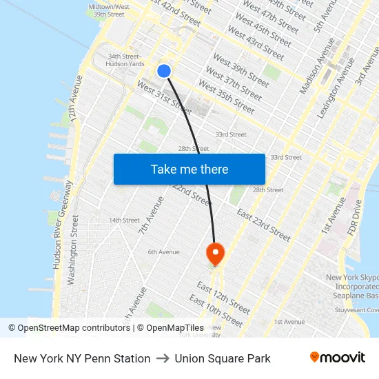 New York NY Penn Station to Union Square Park map