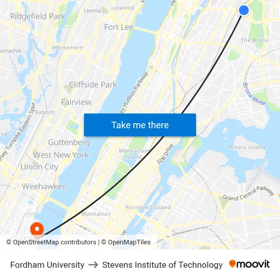 Fordham University to Stevens Institute of Technology map