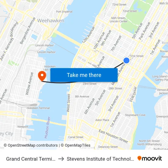 Grand Central Terminal to Stevens Institute of Technology map