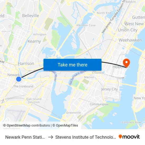 Newark Penn Station to Stevens Institute of Technology map