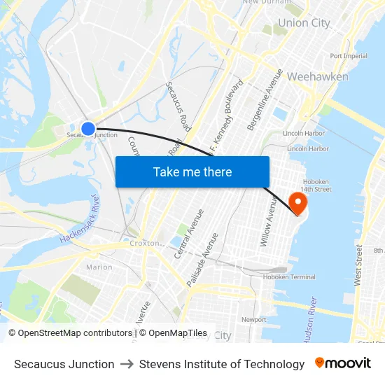 Secaucus Junction to Stevens Institute of Technology map