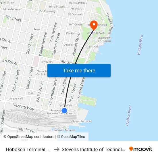 Hoboken Terminal Lot to Stevens Institute of Technology map