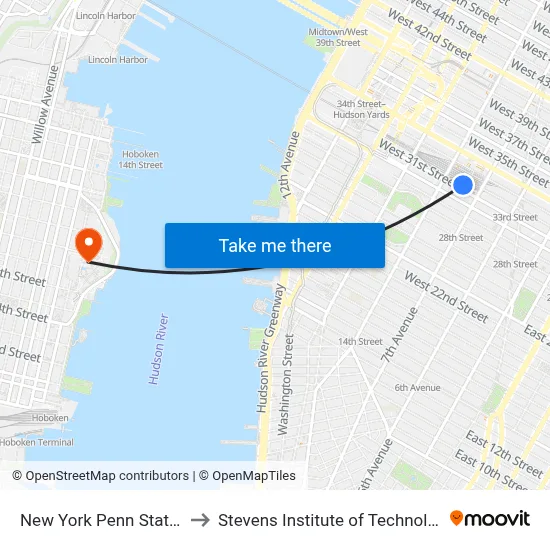 New York Penn Station to Stevens Institute of Technology map
