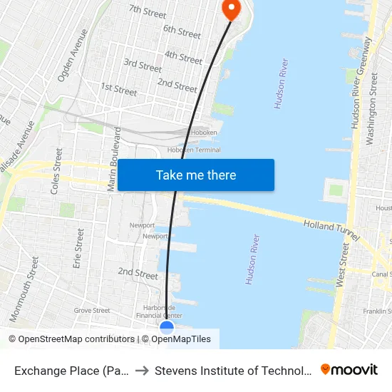Exchange Place (Path) to Stevens Institute of Technology map