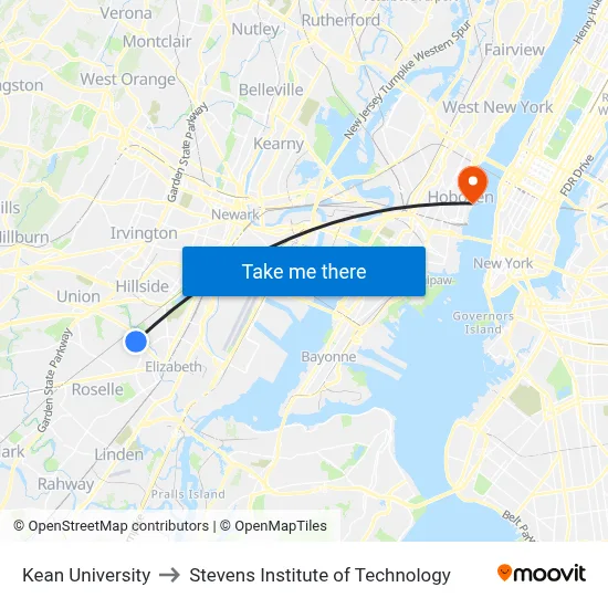 Kean University to Stevens Institute of Technology map