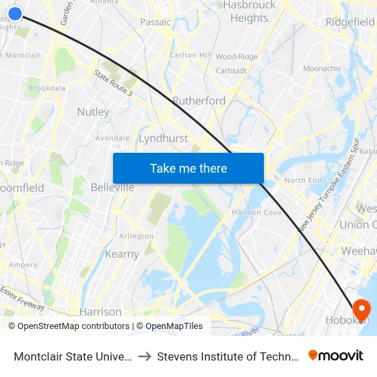 Montclair State University to Stevens Institute of Technology map