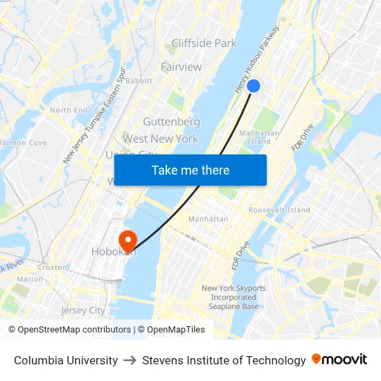 Columbia University to Stevens Institute of Technology map