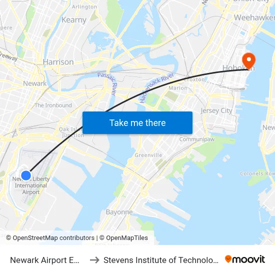 Newark Airport EWR to Stevens Institute of Technology map