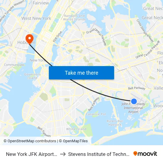 New York JFK Airport JFK to Stevens Institute of Technology map
