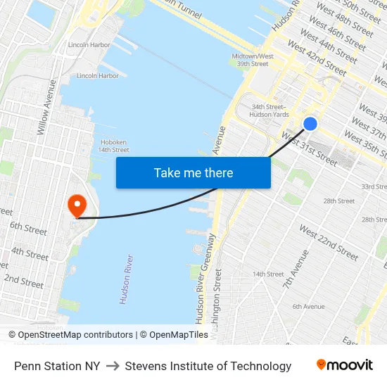 Penn Station NY to Stevens Institute of Technology map