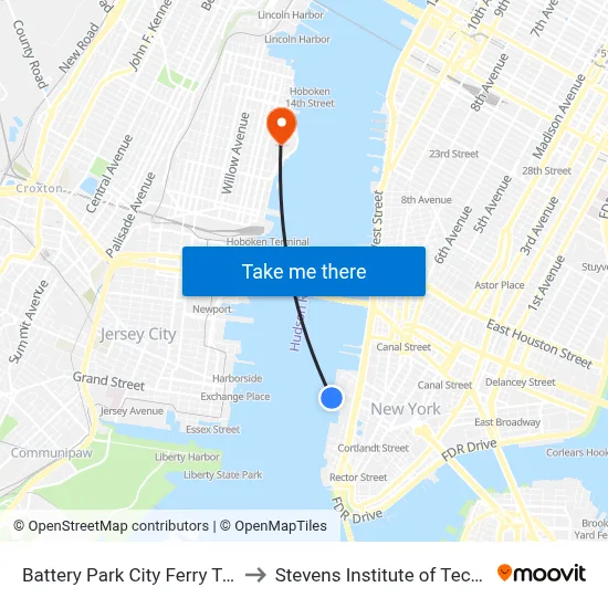 Battery Park City Ferry Terminal to Stevens Institute of Technology map