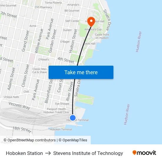 Hoboken Station to Stevens Institute of Technology map