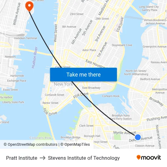 Pratt Institute to Stevens Institute of Technology map