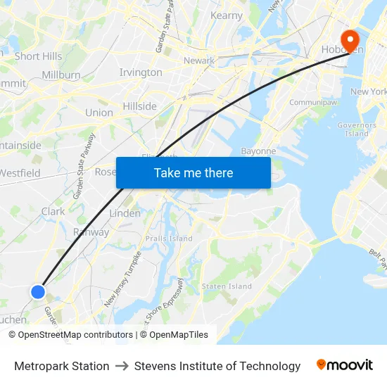 Metropark Station to Stevens Institute of Technology map